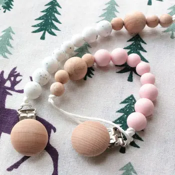 

Baby Silicone Teether Wood Ring Bracelet Pacifier Chain Holder Newborn Molar Toy P31B