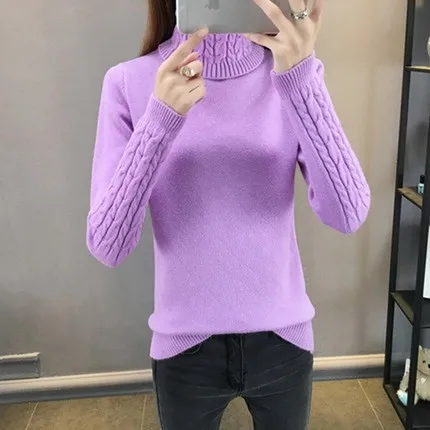 Новинка, толстый теплый женский свитер с высоким воротом, пуловеры, Осень-зима, вязаный женский мягкий джемпер, женский джемпер, одноцветные Топы 83 - Цвет: Light purple 2