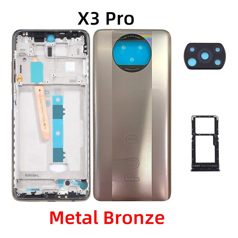Original For Xiaomi Poco X3 , X3 Pro , X3 NFC Back Cover + LCD Front Frame + Side Button + Camera Glass Lens + Sim Tray Parts
