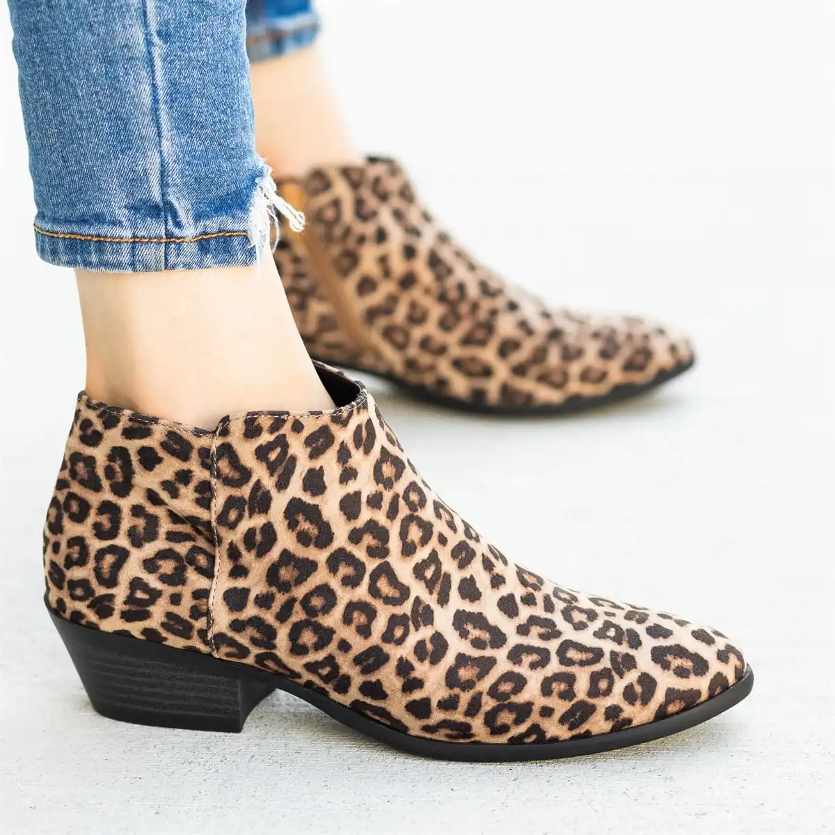 ankle boots for women slip on low heels spring/autumn leopard pu leather Square heel Round Toe botas mujer invierno a74
