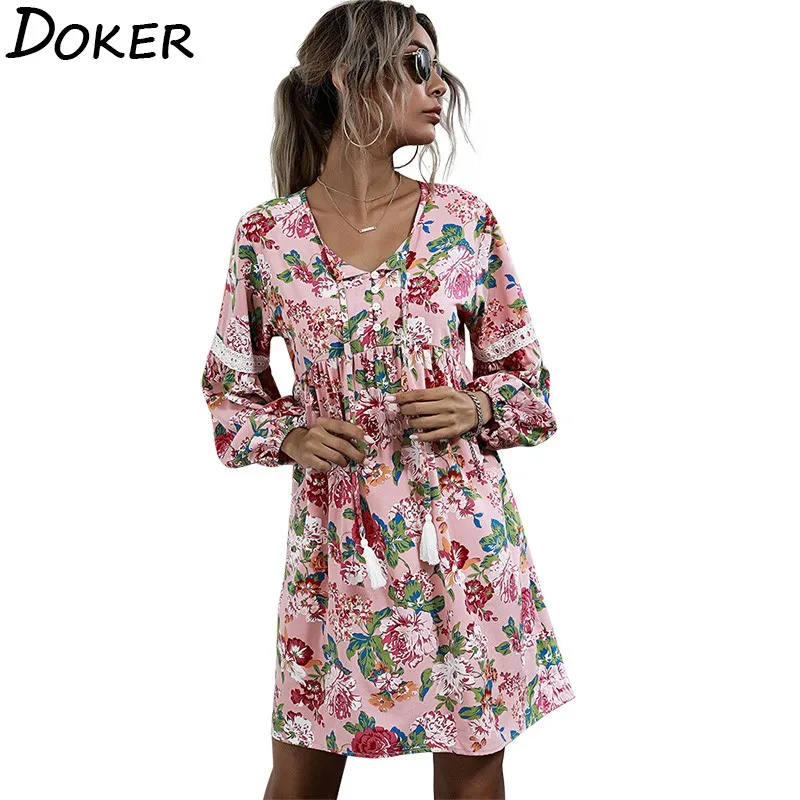 

Autumn Floral Print Mini Dress Women Fashion V-neck Long Sleeve Elegant Boho Ladies Dresses Casual Loose Beach Holiday Dress