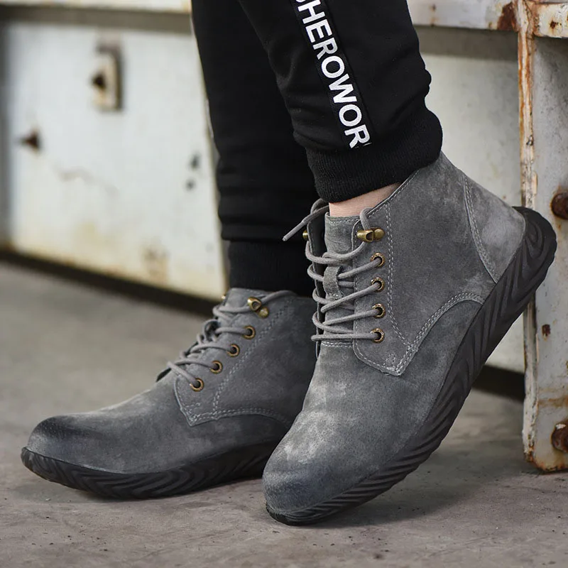 Tanie Męskie buty do pracy 2019 moda stal zewnętrzna Toe skóra bydlęca stalowe buty z palcami mężczyźni antypoślizgowe odporne na przebicie obuwie ochronne Boot Man