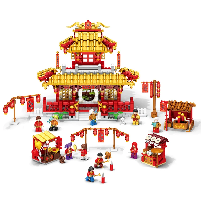 

2020 City Creator Chinese New Year'S Eve Dinner Temple Fair Lion Dance Figures Building Blocks Bricks Legoinglys Toys Juguetes