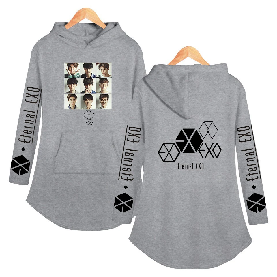 EXO Ablum Толстовка негабаритных женщин асимметричный подол воротник пальто Повседневный корейский стиль Женский сексуальные свитшоты верхняя одежда Уличная