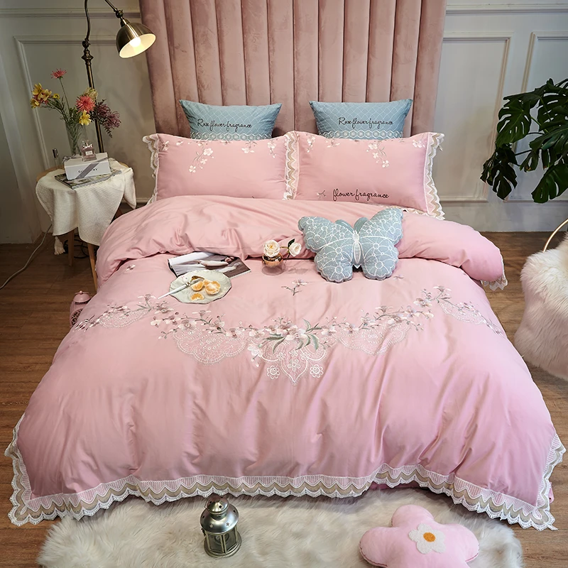 Классический Комплект постельного белья queen king size синий Цветочная вышивка комплект постельного белья 4 шт./компл. Египетский хлопок пододеяльник набор постельного белья кровать - Цвет: 2