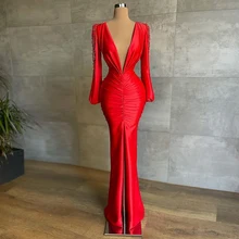 

Red Mermaid Elegant Prom Dresses Long Sleeves Deep V Neck Beading Split Women Formal Evening Pageant Gowns Plus Size Custom Made