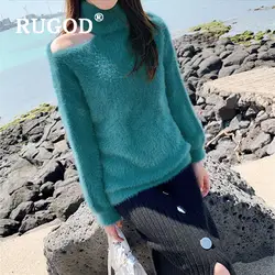RUGOD винтаж вязаный женский свитер элегантный с открытыми плечами водолазка приталенные пуловеры свитера женский 2019 корейский Auturm теплое