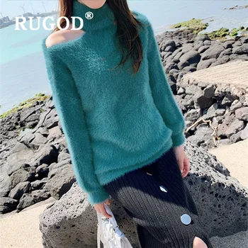 

RUGOD Vintage knitted women sweater elegant off shoulder turtleneck slim pullovers sweaters female 2019 korean Auturm warm coat