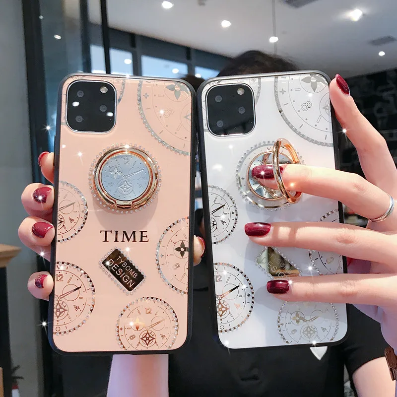 

For Huawei P40 P40 Pro Plus Case Luxury Diamond clock With Ring Holder Stand protective Cover For Huawei P30 Lite P20 Plus Coque
