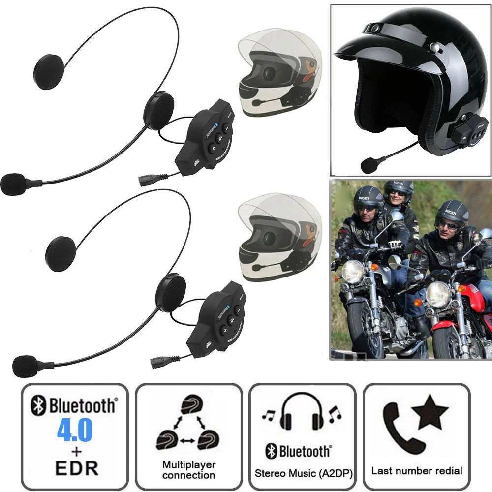 2x Bluetooth Motorcycle Helmet Headset Intercom Stereo Mic Handsfree Music 