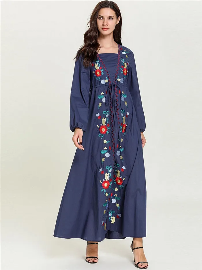 Navy Blue Джинсовая Абая для женщин Дубай Кафтан турецкий Бангладеш Исламская одежда большой размер Макси мусульманское платье 4XL цветы вышивка - Цвет: Navy Blue