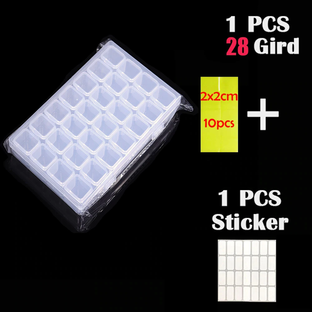 

28 grid Dismountable diamond painting Accessories Diamond Embroidery Cases PP plastics Box with label sticker and Glue Clay