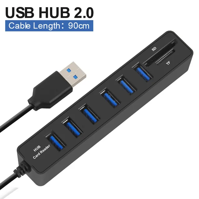 Usb-концентратор 3,0 Мульти USB C 3,0 usb-хаб высокого Скорость 3/6 Порты хаб TF/SD кард-ридер USB C концентратор для ПК Компьютерные аксессуары - Цвет: 90cm Black USB 2.0