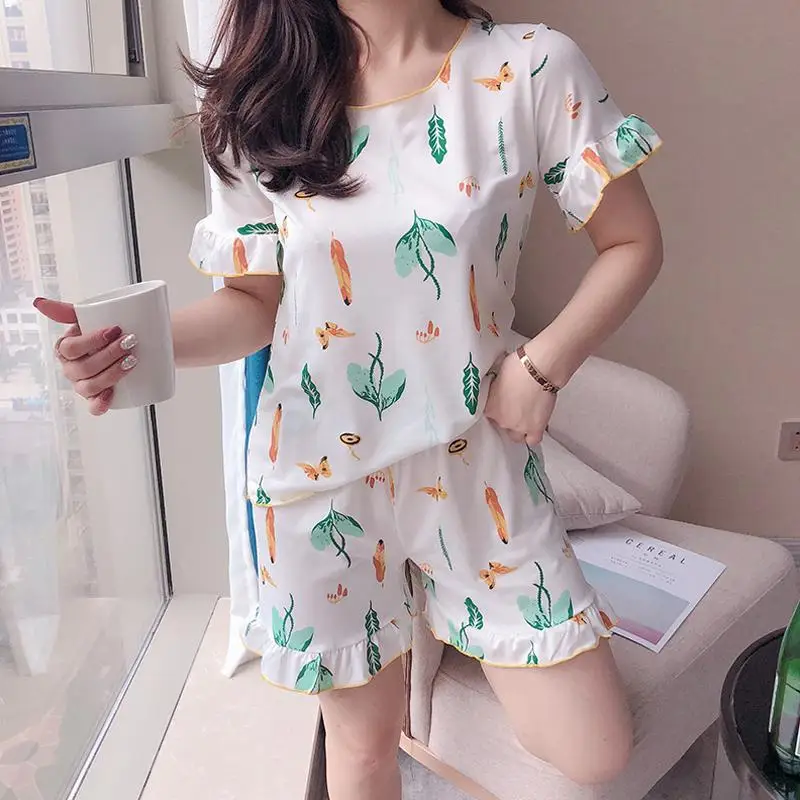 Cute Women Cartoon Kawaii Sleepwear Summer Print T-shirt Tops+ Elastic Waist Casual Loose Shorts Pajama Sets Home Clothing