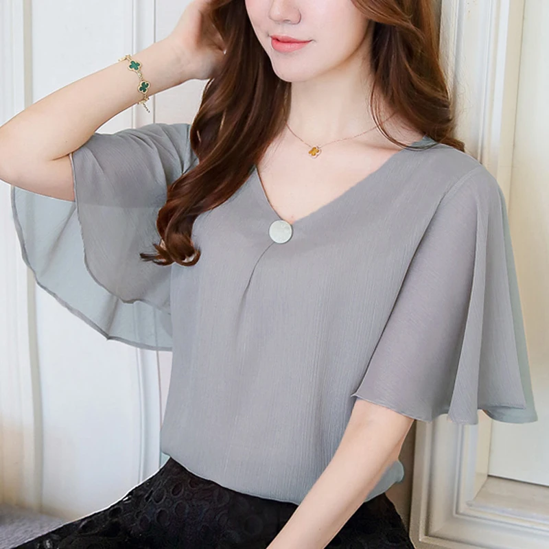 2020 модная шифоновая женская одежда Рубашки Топ с расклешенными рукавами женские