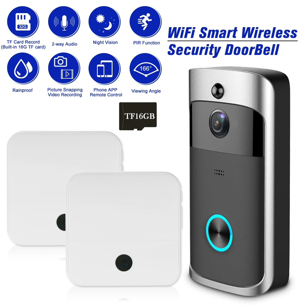 

WiFi Smart Wireless Security DoorBell 720P Visual Intercom Recording Video Door Night Vision Built-in 16G TF Card with Doorbell