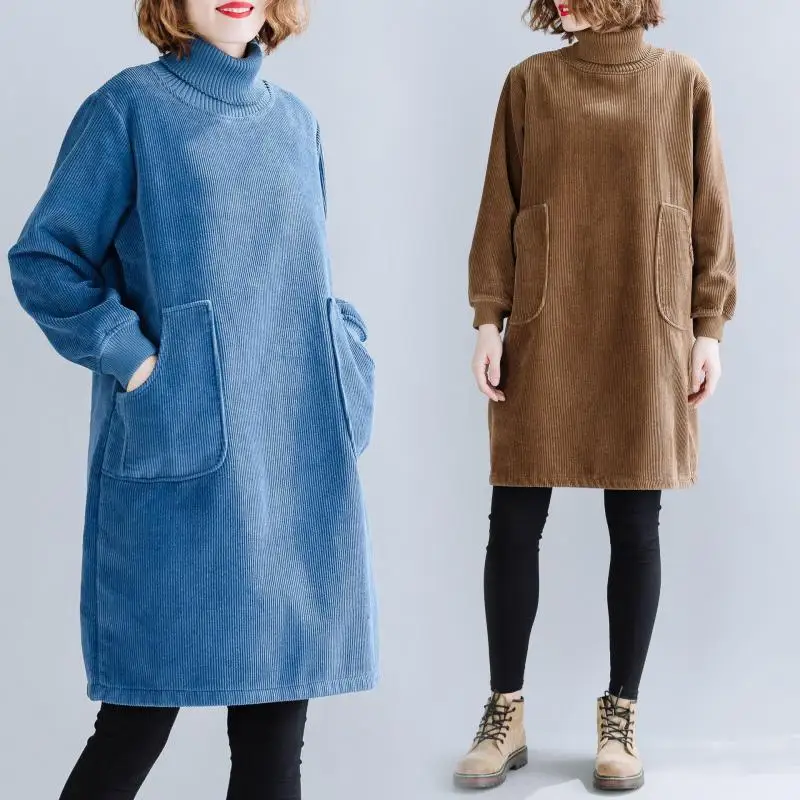 

2023 Autumn Winter New Korean Half High Collar Plus Velvet Casual Loose Dress Simple Solid Color Women Dress Tide Free Shipping