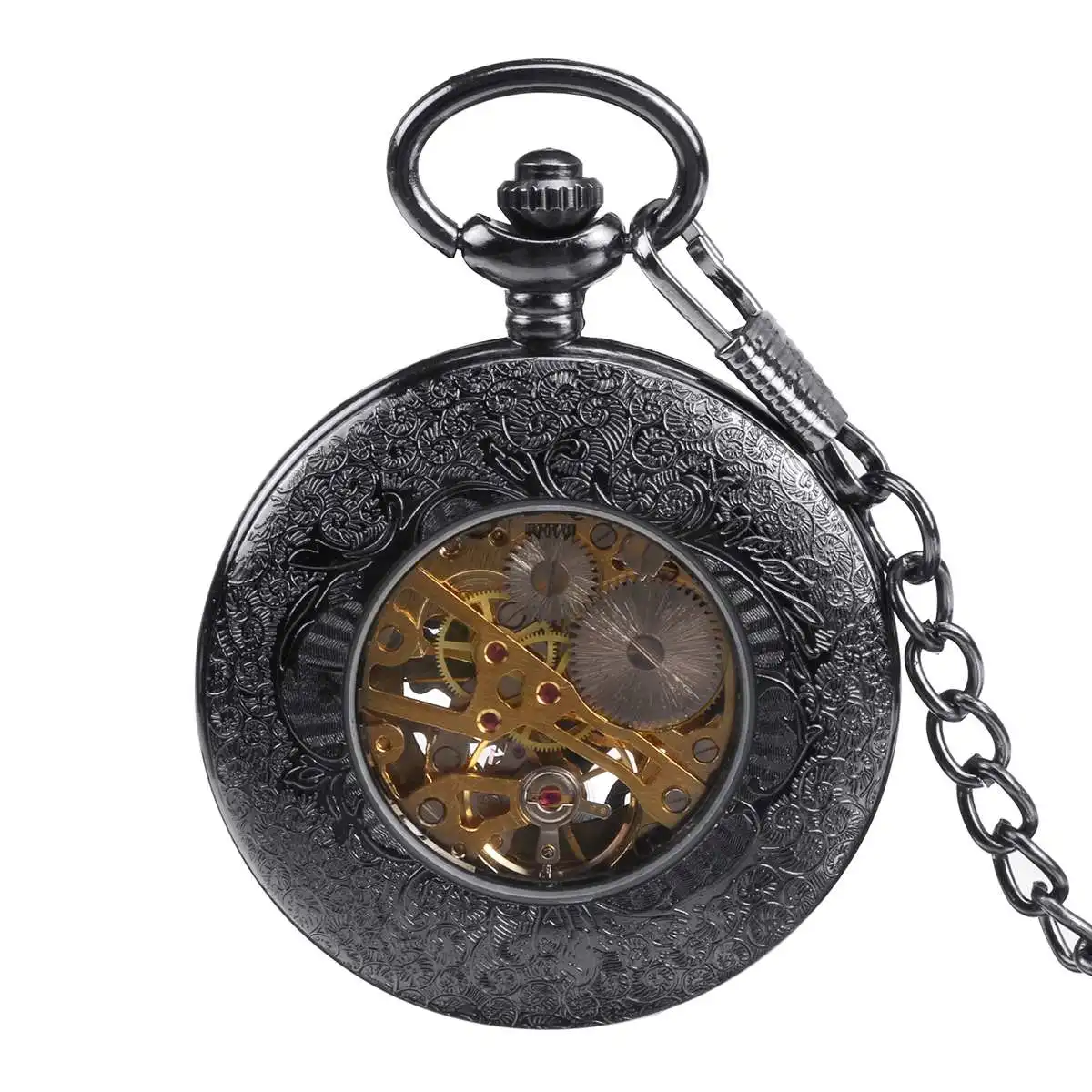 NEW Antique Automatic Mechanical Pocket Watch Hollow Black Dial Men Pendant Collection Chain Watch Skeleton Steampunk Clock