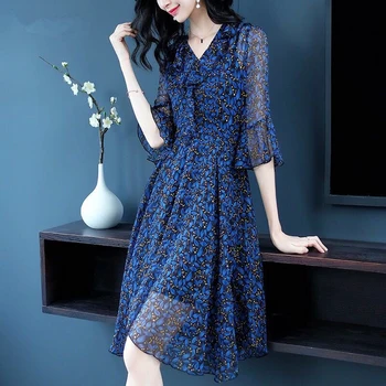 

Spring Summer Womens Clothing Woman Blue Floral Printed Ruffled Chiffon Dress , V Neck 3/4 Sleeve Slim Dresses for Women