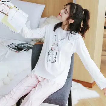 

Cotton Pajama Set For Women 2019 Autumn Winter Cute Girls Cartoon Rabbit Homewear Long Sleeve Pyjama Lounge Pijama Home Clothing