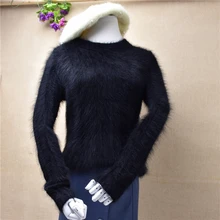 Высококачественный черный Обычный женский свитер с длинным рукавом и круглым вырезом из ангорской кроличьей шерсти норка простой мягкий теплый черный свитер пуловер