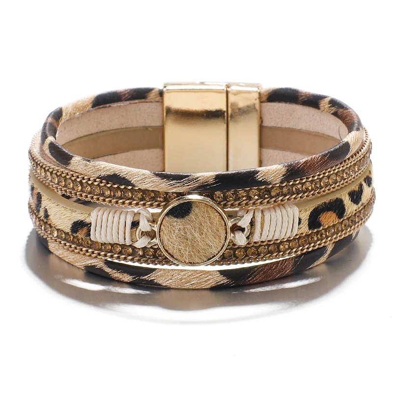 ALLYES Леопард с кристаллами кожаные браслеты для женщин Модные Браслеты& Браслеты многослойный широкий браслет обруча ювелирные изделия - Окраска металла: Leopard