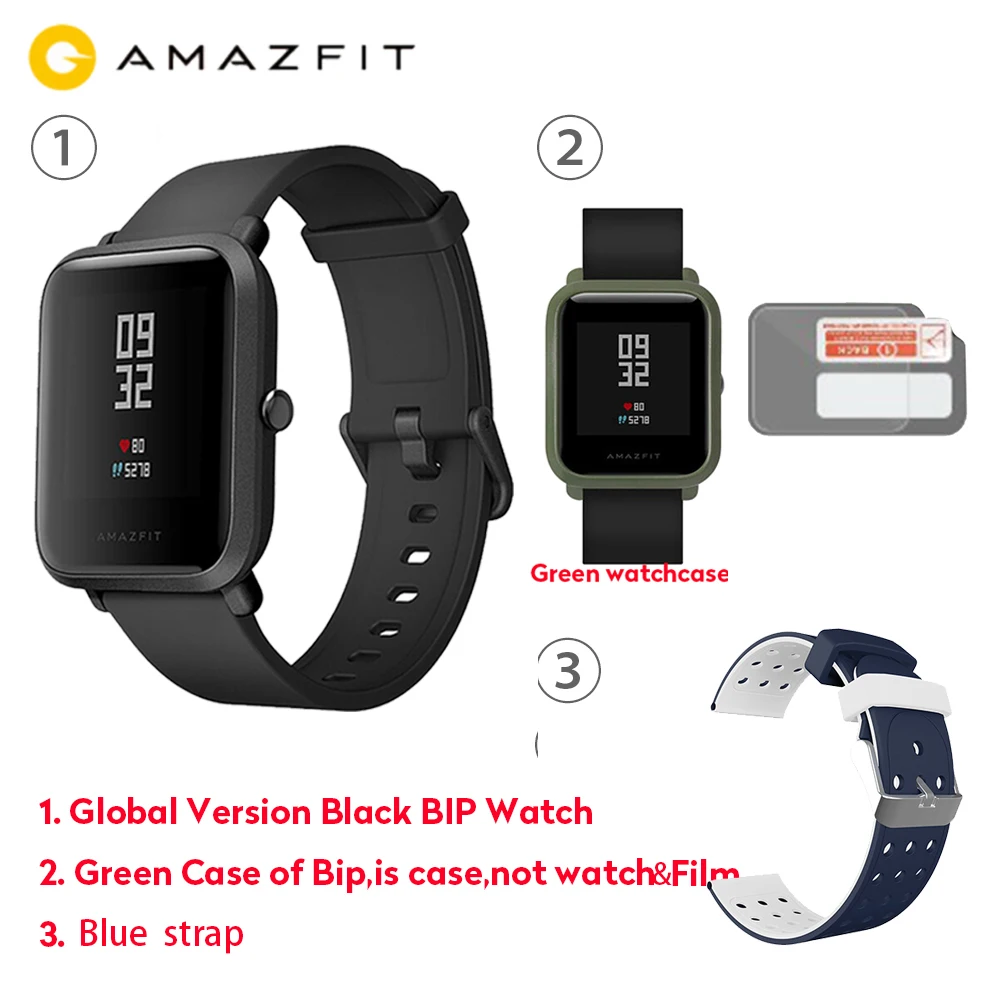 Официальные Смарт-часы Amazfit Bip, gps, умные часы, 45 дней в режиме ожидания, монитор сердечного ритма, будильник, вибрация, IP68, водонепроницаемые, напоминание о звонках - Цвет: Green CaseBlueStrap