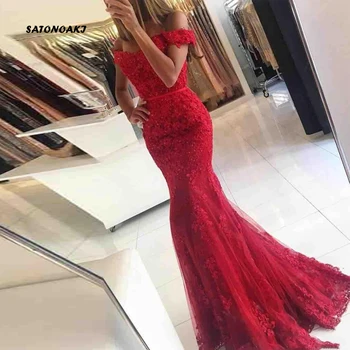 

SATONOAKI 2019 Latest Lace Mermaid Prom Dresses Appliques Off-the-shoulder Beaded Sequins Evening Dresses Vestido De Festa