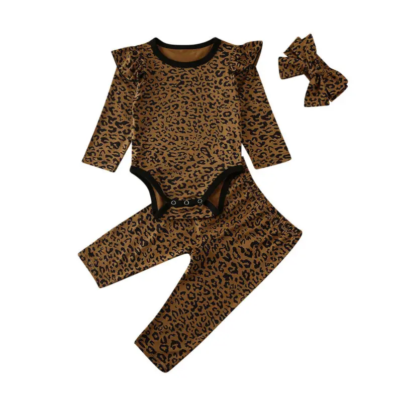 

Baby Spring Autumn Clothing 3pcs Newborn Infant Baby Girl Boy Leopard Clothes Ruffle Romper Jumpsuit Pants Headband Outfits
