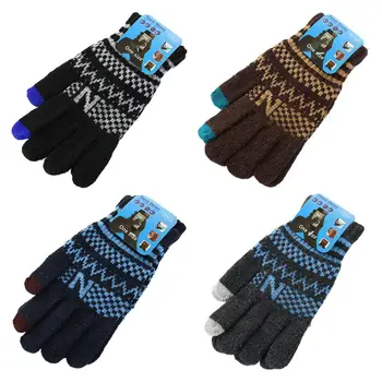 

Mens Winter Knitted Magic Touchscreen Full Finger Gloves Checkered Wavy Stripes Jacquard Outdoor Cycling Sports Warm Mittens