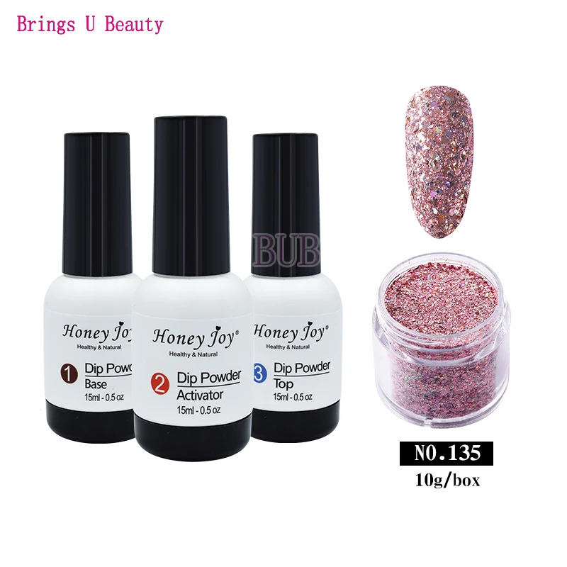 BU-15ml BAT-10g135 4 in 1 Dipping Powder Tool Kits Set 10g Shine Glitter Dip Powder 15ml Base Coat Top Coat Activator Natural Dry Long Lasting - Цвет: BU-15ml BAT-10g135