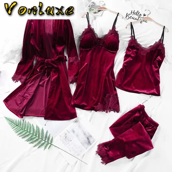 

Women Velvet Pajamas Set 4 Piece 2020 Autumn Winter Sexy Lace Long Lingerie Robe Sleep Wear Pants Sleepwear Pijamas Nightdress
