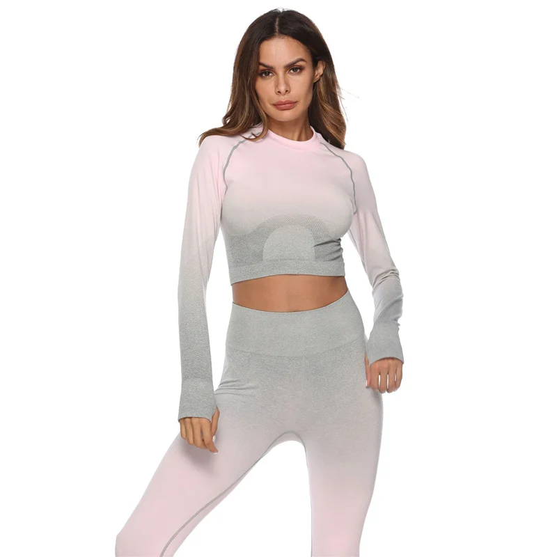 Light pink set Комплект из 2 предметов для йоги с эффектом омбре, бесшовные женские спортивные костюмы, топ с длинными рукавами для фитнеса, осенняя одежда для тренировок, леггинсы - Цвет: Light pink set
