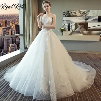 

Real Rill Beading Strapless Wedding Dress 2019 Mariage Lace Up Back Long Tulle Wedding Gowns With Lace Appliques Bride Dress