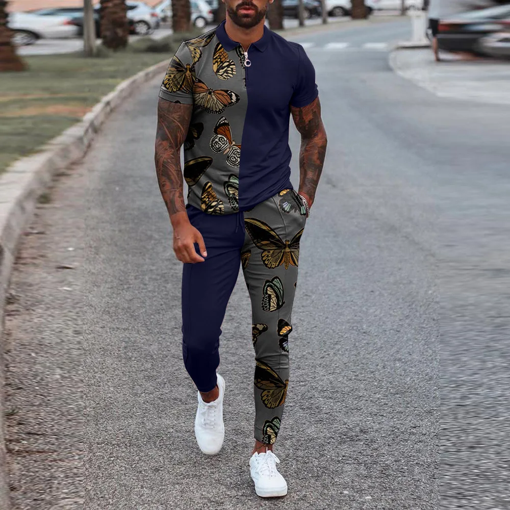 New Two-piece Men Suit Fashion Zipper POLO Shirt+Trousers Stitching Print Casual Jogger Tracksuit Sweatshirt Set For Men Clothes