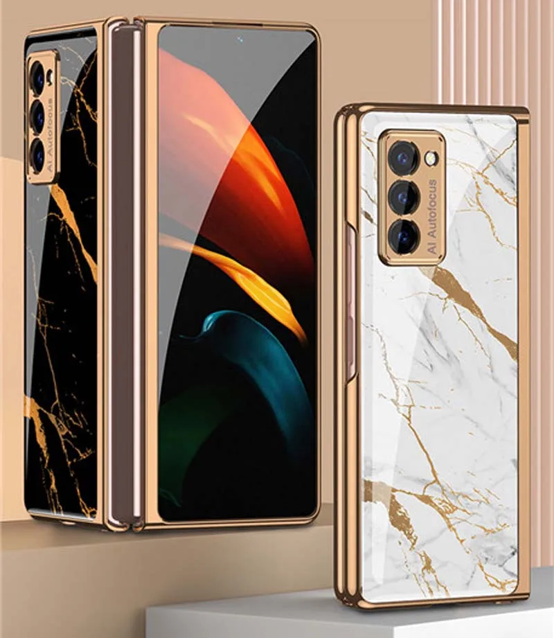 

For Samsung Galaxy Z Fold2 Case Samsung Galaxy Z Fold 2 5G Marble Pattern Glass Hard Cover Plating Frame Shockproof Case KS0920