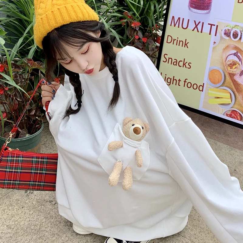 

Korean Autumn New Fashion Pullovers Sweatshirts Lovely Pocket Bear Design Loose Full Sleeve Tops Harajuku Sweety Girly Sweatshir