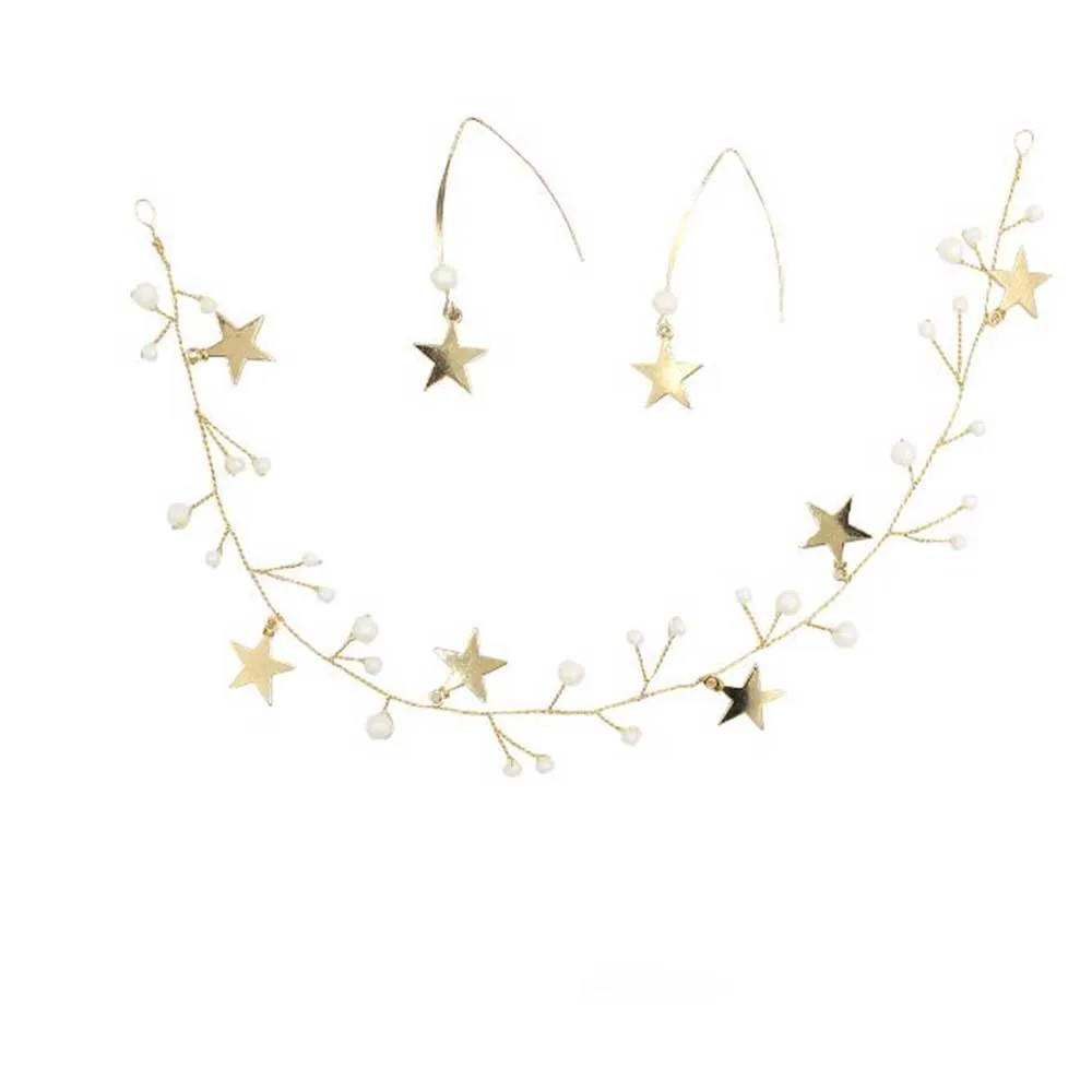 Wedding Earrings Headband Jewelry Set Gold Stars Bohemian Headpiece Crystal Pearl Hair Vine Star Halo Bridal Hair Accessories