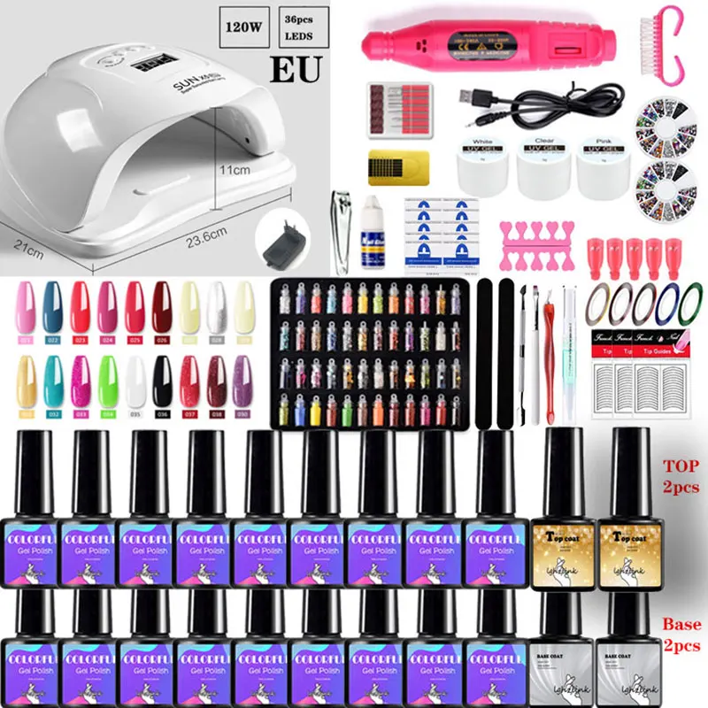 TRENDING! Nail Manicure Kit For Nail lamp Dryer Gel select 20/18//10 color Nail Polish Set &  Electric Nail Drill Nail Art Tools nail set
