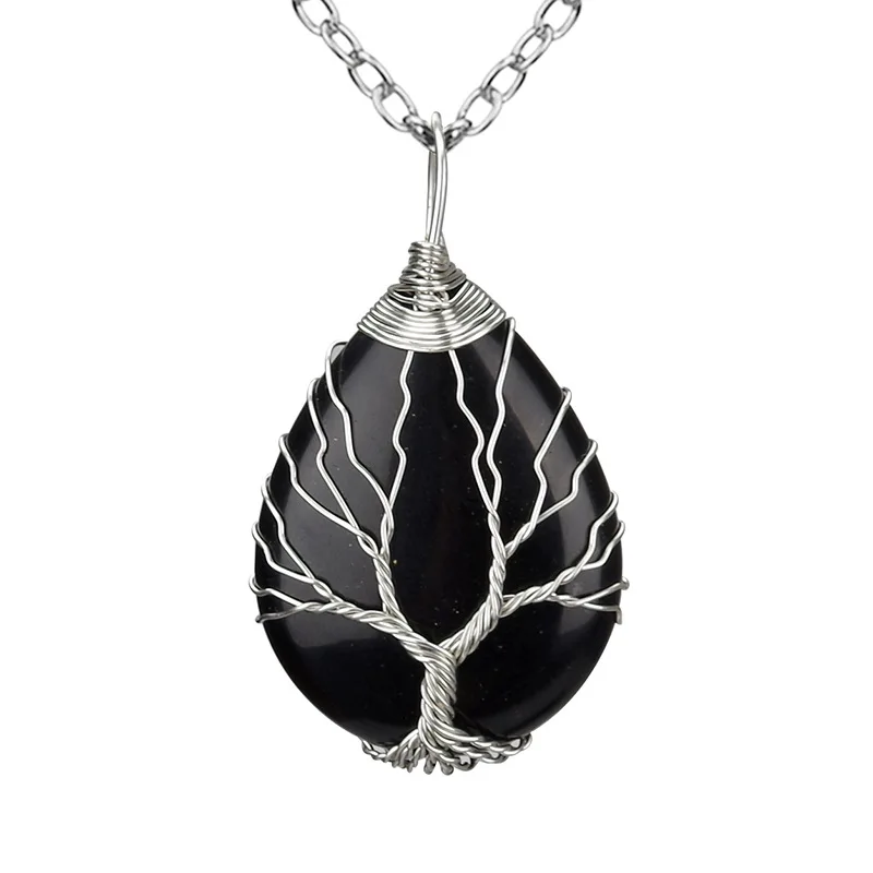 Black Onyx-B Дерево жизни капли воды ожерелье и подвесной рейки натуральный драгоценный камень античный медный провод обертывание розовый кварц оникс опал Чакра Ювелирные изделия - Окраска металла: Black Onyx-B