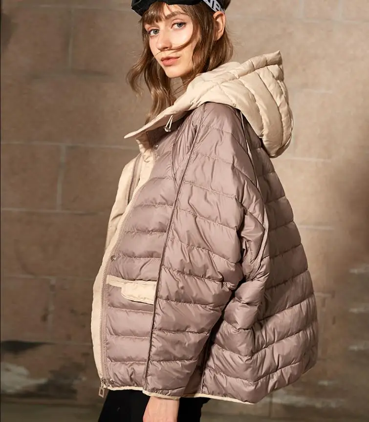 Модные пуховые пальто с рукавами «летучая мышь» с капюшоном, женские негабаритный свет, тонкий 90% пуховик, ветрозащитная теплая верхняя одежда, F14