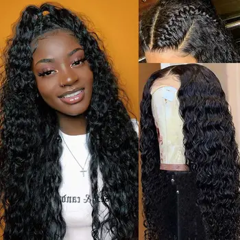 

Deep Wave pu silk base Wigs Wet and Wavy Human Hair Wigs for Black Women Lace Front Transparent Lace Preplucked Jet Black Remy