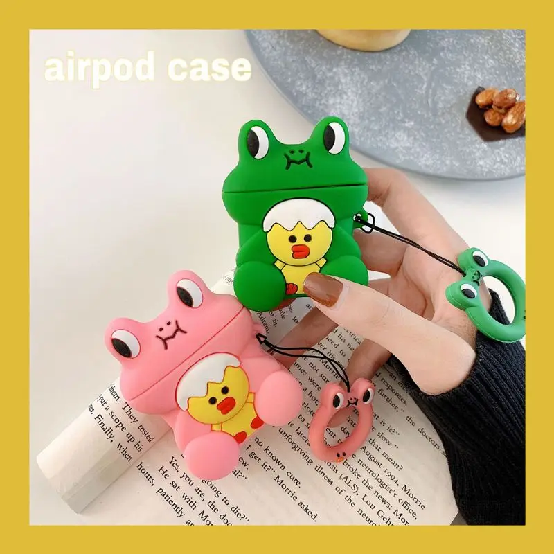 Cute Frog Chicken Pattern Soft Silicone Protective Case Skin Protector with Lanyard for Airpods 1/2 Charging Box Accessories