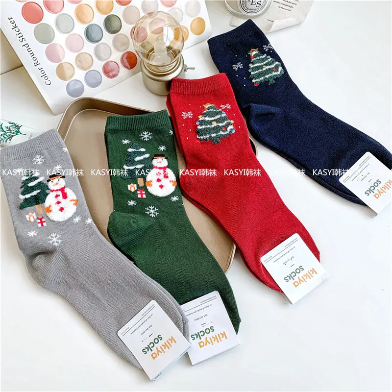 Рождественские женские носки в полоску с рисунком снеговика, теплые хлопковые Забавные милые носки Kawaii Art Happy, уличная мода, повседневная зимняя одежда