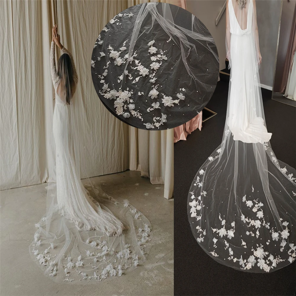 TOPQUEEN V52 3D Flowers Wedding Veil with Pearls  Bridal Veils Long Train Bridal Shower Veu of Bride 3 Meter  Veu de Noiva pearls bridal veils long wedding veil for bride one layer soft waltz veil wedding accessories veu de noiva bride veu