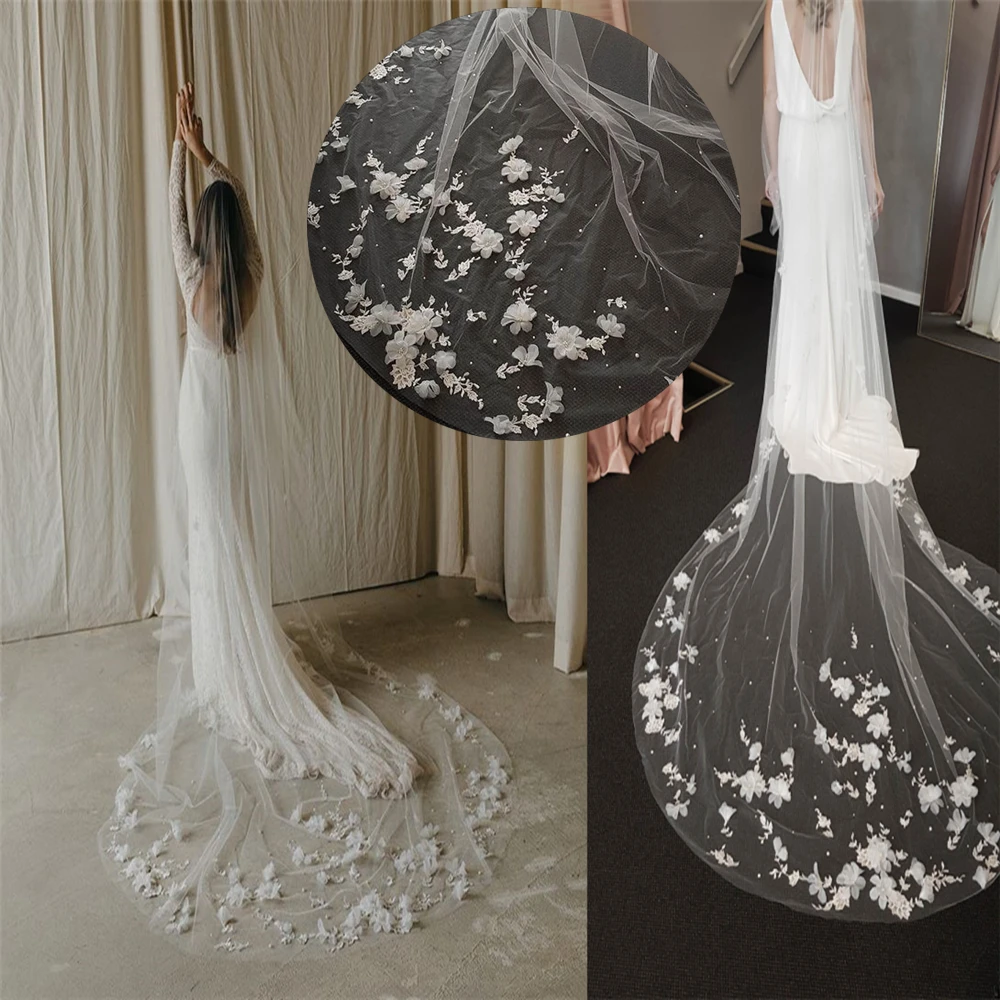 Bridal Veil TOPQUEEN V52 3D Flowers Wedding Veil with Pearls Bridal Veils Long Train Bridal Shower 3 Meter Veu de Noiva