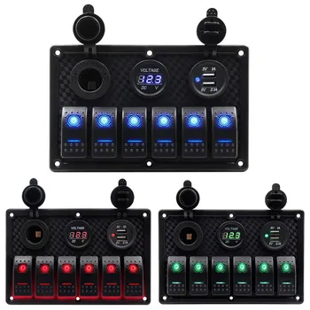

Waterproof 6 Gang Marine Boat Rocker Switch Panel With Fuse 4.2A Dual USB Slot Socket + Digital Voltage Display + Cigarette Ligh