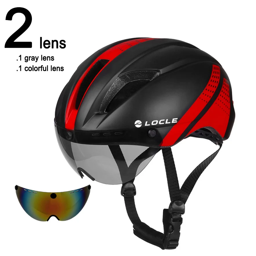 LOCLE, 3 линзы, Aero TT, для шоссейного велосипеда, велосипедные очки, шлем для велоспорта, защитный шлем для верховой езды, мужской, скоростной, пробный, шлем двойного назначения 280 г - Цвет: Black Red 2 Lenses