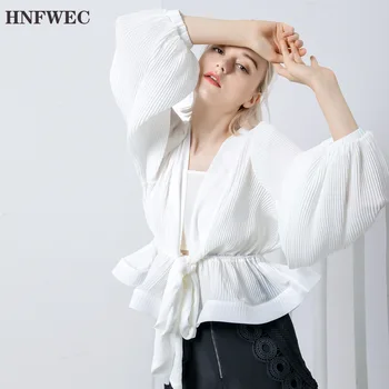 

Fashion Women Shirts V-neck Solid Color Wild Blouses And Tops Female Chiffon Long-sleeved New 2019 Summer Z567