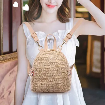 

Lightweight Korean Style Ladies Backpack Woven Pearl Small Staw Women Bagpack Outdoor Casual Bags 2019